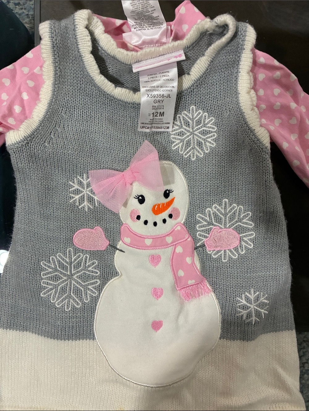 Baby Girl Gray & Pink Snowman Knit Sleeveless Dress - Unbranded